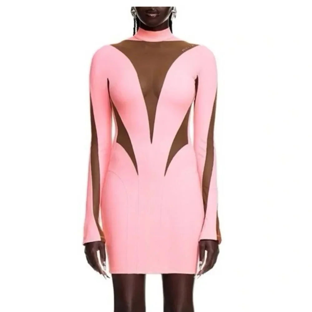 Mugler x H&M Pink Mesh Paneled Mini Dress Bodycon Long Sleeve 2XL - Picture 5 of 14